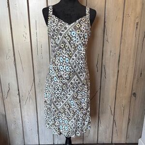 LOFT Brown and Light Blue Printed Midi Sundress